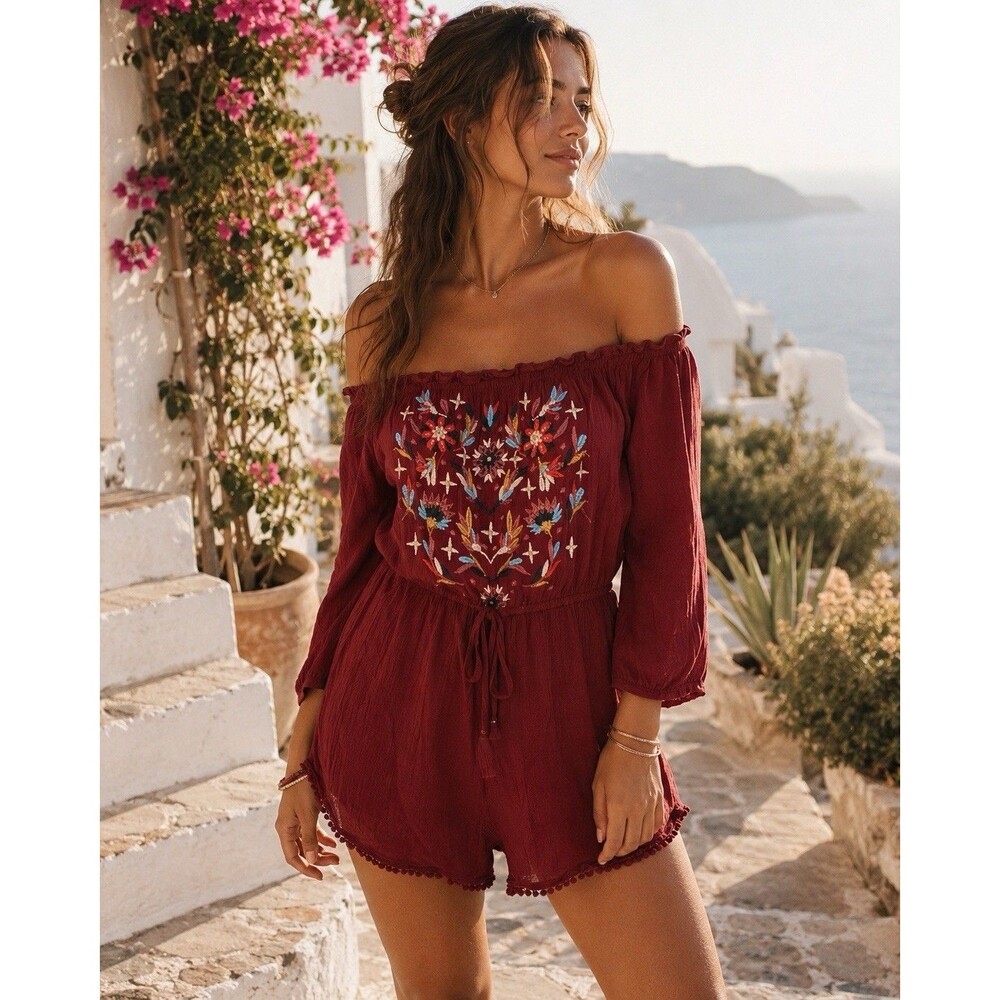 Forever 21 Embroidered Floral Romper Burgundy Boho Off Shoulder Size M